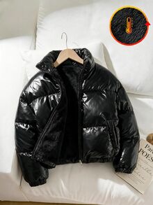 SHEIN Elladie kids 女童黑色亮面短款立領加厚內層棉襖外套，冬季保暖加厚棉襖 - 黑色 - 查看 8