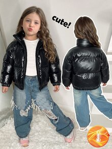 SHEIN Elladie kids 女童黑色亮面短款立領加厚內層棉襖外套，冬季保暖加厚棉襖 - 黑色 - 查看 4