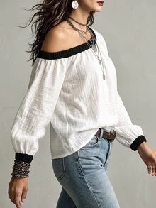 SHEIN Holidaya Women's New Atmospheric One-Shoulder Pullover Top With Contrast Color Collar And Cuffs, Loose Slouchy Long Sleeve - Black and White - View 6