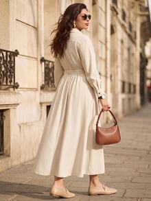 Juhart Plus Size Elegant Commuter Style Lapel Collar Metal Decor Button Long Sleeve Dress Fall - Apricot - View 2