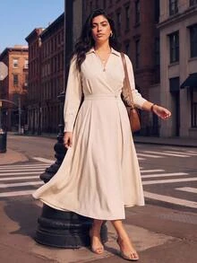 Juhart Plus Size Elegant Commuter Style Lapel Collar Metal Decor Button Long Sleeve Dress Fall - Apricot - View 8