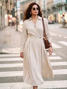 Juhart Plus Size Elegant Commuter Style Lapel Collar Metal Decor Button Long Sleeve Dress Fall - Apricot - View 3