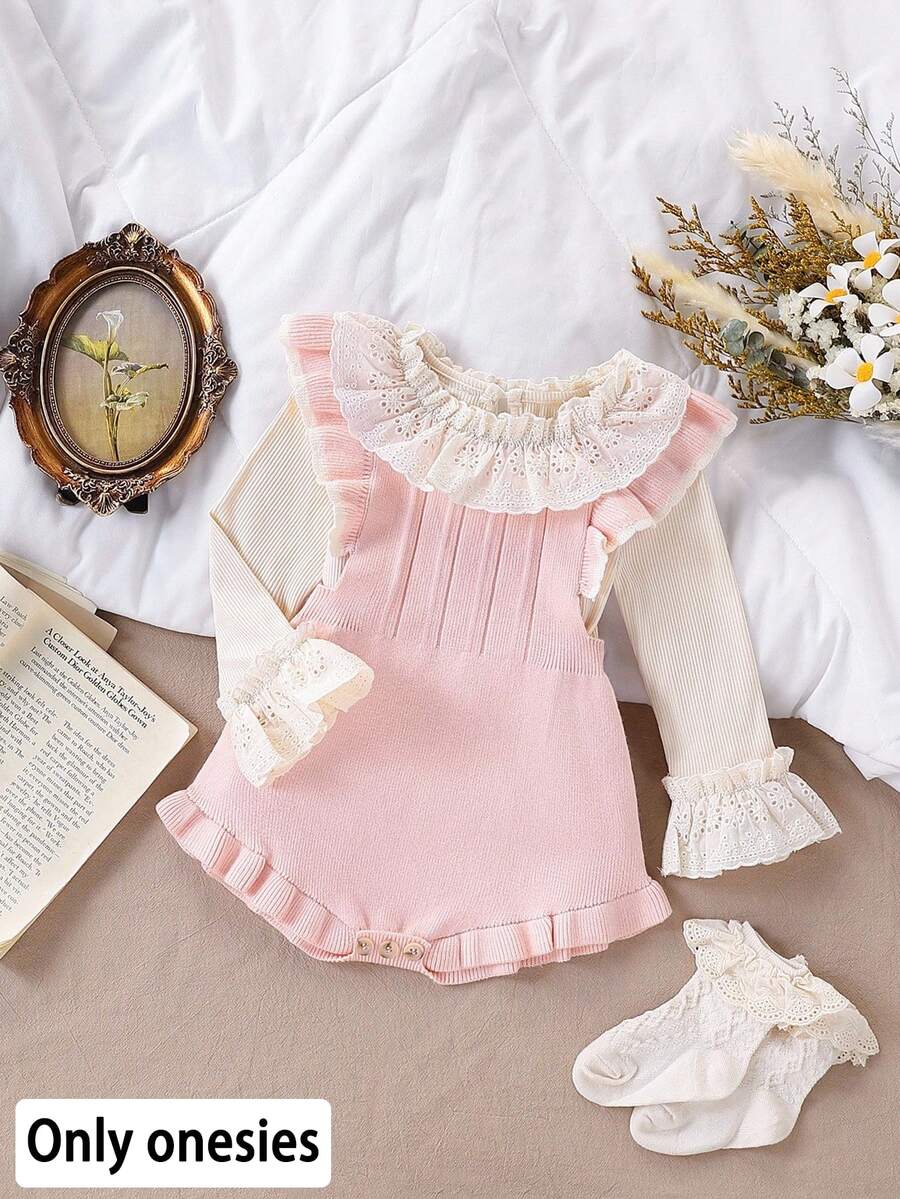 SHEIN Baby Girls Sweater Onesies, Infant Baby Knit Pullover Romper Jumpsuit, Comfortable For Spring/Summer And Autumn/Winter, Fashionable Versatile Pink And Light Pink, Suitable For Daily Wear, Outings And Travel - Pink - View 1