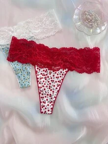 Nora Wilde 5PCS Floral Lace Digital Print Women's Thong Panties, Soft And Comfortable, Suitable For Daily Wear, Sweet And Cute, Perfect For Dates And Parties. - Multicolor - View 5