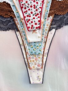 Nora Wilde 5PCS Floral Lace Digital Print Women's Thong Panties, Soft And Comfortable, Suitable For Daily Wear, Sweet And Cute, Perfect For Dates And Parties. - Multicolor - View 4