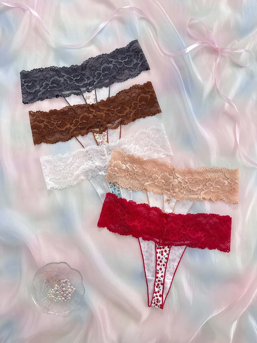 Nora Wilde 5PCS Floral Lace Digital Print Women's Thong Panties, Soft And Comfortable, Suitable For Daily Wear, Sweet And Cute, Perfect For Dates And Parties. - Multicolor - View 1