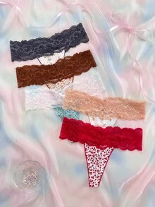 Nora Wilde 5PCS Floral Lace Digital Print Women's Thong Panties, Soft And Comfortable, Suitable For Daily Wear, Sweet And Cute, Perfect For Dates And Parties. - Multicolor - View 2