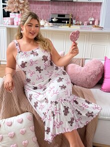 Slumberry CURVE Sweet Christmas Cute Gingerbread Man Bow Print Frill Trim Knit White Plus Size Nightgown - White - View 5