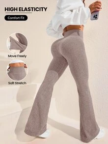 SHEIN Unity Women's Plus Size Solid Color High Waist Flare Athletic Leggings - Coffee Brown - View 6