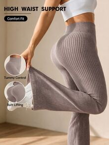 SHEIN Unity Women's Plus Size Solid Color High Waist Flare Athletic Leggings - Coffee Brown - View 1