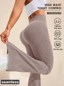 SHEIN Unity Women's Plus Size Solid Color High Waist Flare Athletic Leggings - Coffee Brown - View 3