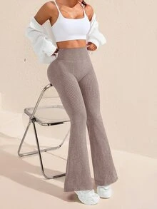 SHEIN Unity Women's Plus Size Solid Color High Waist Flare Athletic Leggings - Coffee Brown - View 4