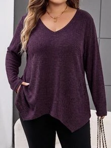 SHEIN CURVE+ Plus-Size Women's Casual Ribbed Long-Sleeved T-Shirt, Autumn/Winter Purple With Asymmetrical Hem, Suitable For Sizes 5XL-8XL. Fall - Purple - View 5