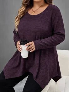 SHEIN CURVE+ Plus-Size Women's Casual Ribbed Long-Sleeved T-Shirt, Autumn/Winter Purple With Asymmetrical Hem, Suitable For Sizes 5XL-8XL. Fall - Purple - View 4