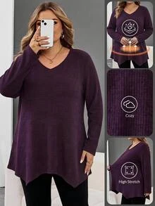 SHEIN CURVE+ Plus-Size Women's Casual Ribbed Long-Sleeved T-Shirt, Autumn/Winter Purple With Asymmetrical Hem, Suitable For Sizes 5XL-8XL. Fall - Purple - View 1