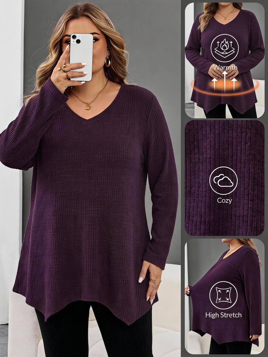 SHEIN CURVE+ Plus-Size Women's Casual Ribbed Long-Sleeved T-Shirt, Autumn/Winter Purple With Asymmetrical Hem, Suitable For Sizes 5XL-8XL. Fall - Purple - View 1
