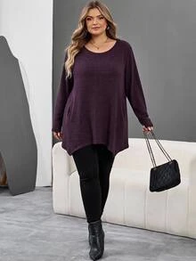SHEIN CURVE+ Plus-Size Women's Casual Ribbed Long-Sleeved T-Shirt, Autumn/Winter Purple With Asymmetrical Hem, Suitable For Sizes 5XL-8XL. Fall - Purple - View 3