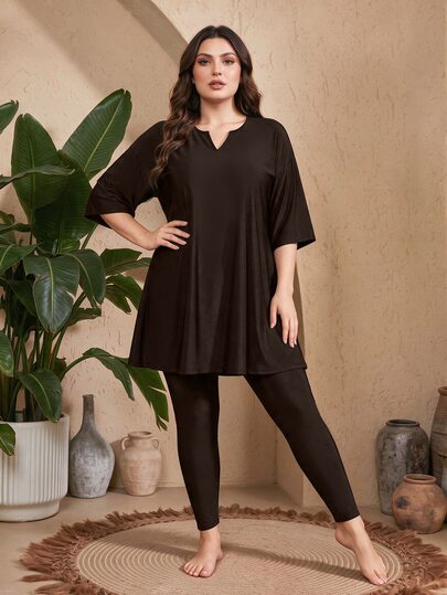SHEIN Swim مجموعة ملابس سباحة نسائية مقاس كبير 2 قطعة، ملابس علوية بأكمام قصيرة وبنطال طويل، بوركيني أسود صيفي بأسلوب محافظ محتشم من حقبة العشرينيات، مناسب للشاطئ والحفلات والعطلات والإجازات