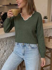 Serisse Women's Minimalist Versatile Colorblock Long Sleeve Sweater For Daily Commute - Green - View 5