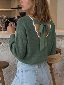 Serisse Women's Minimalist Versatile Colorblock Long Sleeve Sweater For Daily Commute - Green - View 4