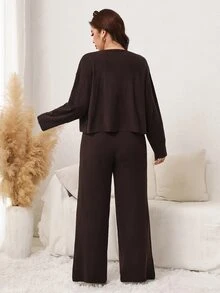 Comfylo Set Pakaian Wanita Plus Size Kasual Warna Polos Rajut Rib: Kamisol, Kardigan Sweater dan Celana Tali Serut - MultiWarna - View 5