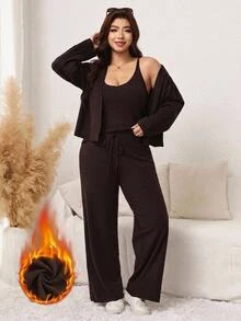 Comfylo Set Pakaian Wanita Plus Size Kasual Warna Polos Rajut Rib: Kamisol, Kardigan Sweater dan Celana Tali Serut - MultiWarna - View 9