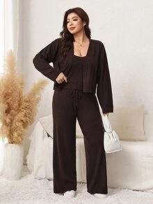 Comfylo Set Pakaian Wanita Plus Size Kasual Warna Polos Rajut Rib: Kamisol, Kardigan Sweater dan Celana Tali Serut - MultiWarna - View 7