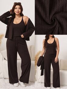 Comfylo Set Pakaian Wanita Plus Size Kasual Warna Polos Rajut Rib: Kamisol, Kardigan Sweater dan Celana Tali Serut - MultiWarna - View 2