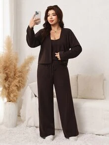 Comfylo Set Pakaian Wanita Plus Size Kasual Warna Polos Rajut Rib: Kamisol, Kardigan Sweater dan Celana Tali Serut - MultiWarna - View 3