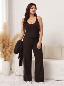 Comfylo Set Pakaian Wanita Plus Size Kasual Warna Polos Rajut Rib: Kamisol, Kardigan Sweater dan Celana Tali Serut - MultiWarna - View 8
