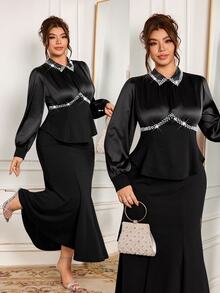 Modelyn Elegant Solid Color Pearl Decor Lapel Long Sleeve Waist-Cinching Regular Top And Solid Color Elastic Waist Mermaid Regular Skirt Plus Size 2 Pieces Set For Spring And Autumn - Black - View 1