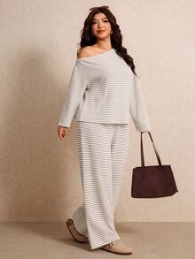 Elaquor Plus Size Women's Striped Asymmetrical Shoulder Long Sleeve T-Shirt And Pants Casual 2 Pieces Set Fall/Winter Casual Daily Going Out Office Work Sets - Apricot - View 1
