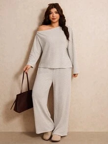Elaquor Plus Size Women's Striped Asymmetrical Shoulder Long Sleeve T-Shirt And Pants Casual 2 Pieces Set Fall/Winter Casual Daily Going Out Office Work Sets - Apricot - View 5