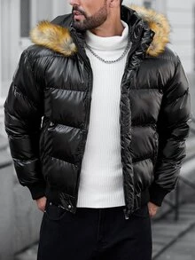 Manfinity CasualCool 男士長袖拉鍊連帽冬季外套，附毛皮拼接設計 - 黑色 - 查看 3