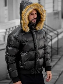Manfinity CasualCool 男士長袖拉鍊連帽冬季外套，附毛皮拼接設計 - 黑色 - 查看 5