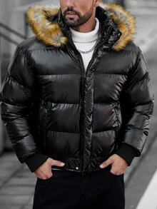 Manfinity CasualCool 男士長袖拉鍊連帽冬季外套，附毛皮拼接設計 - 黑色 - 查看 6