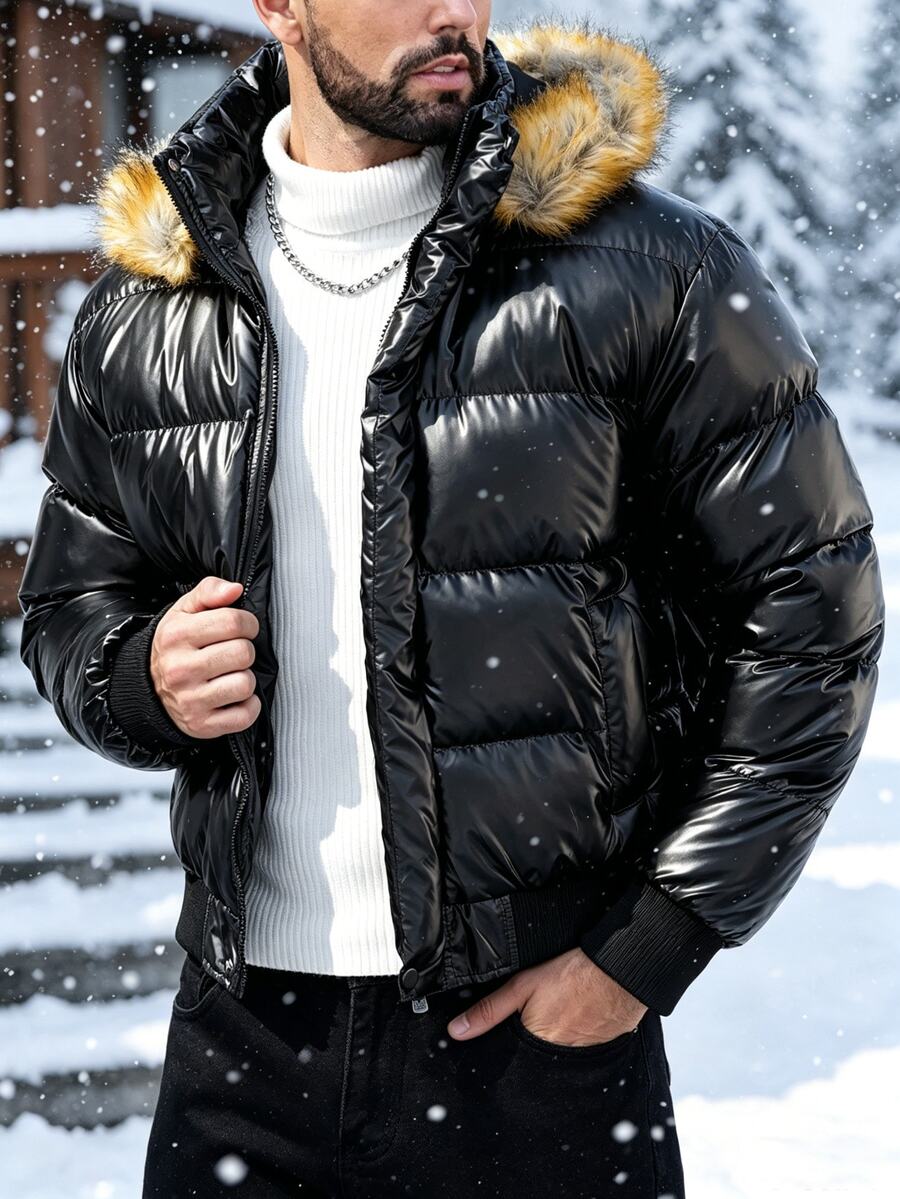 Manfinity CasualCool 男士長袖拉鍊連帽冬季外套,附毛皮拼接設計 - 黑色 - 查看 1