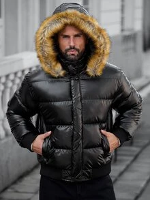 Manfinity CasualCool 男士長袖拉鍊連帽冬季外套，附毛皮拼接設計 - 黑色 - 查看 4