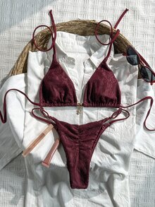 Swim Mod 2pcs Lace Halter Backless Sleeveless Sexy Bikini Set For Women, Summer - Purple - View 1