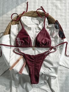 Swim Mod 2pcs Lace Halter Backless Sleeveless Sexy Bikini Set For Women, Summer - Purple - View 3