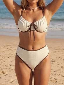 Swim Vcay Set Baju Renang Kasual Wanita Ukuran Besar 2 Potong dengan Bantalan Lembut, Hiasan Kawat Baja, dan Pita - Krem - View 5