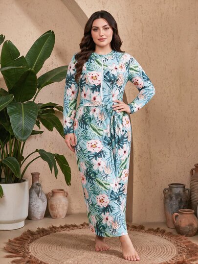 SHEIN Swim Plus Size Women's Floral Print Long Sleeve Jumpsuit Pants Skirt Burkini Set Summer Beach Party Light Blue Tropical Asean Modest Elegant