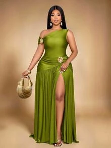 KIORVELLA Plus Asymmetrical Neck Top & Split Thigh Skirt - Green - View 6