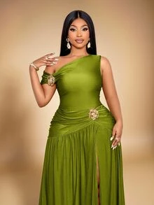 KIORVELLA Plus Asymmetrical Neck Top & Split Thigh Skirt - Green - View 4