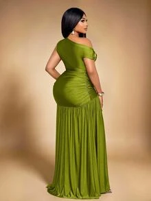 KIORVELLA Plus Asymmetrical Neck Top & Split Thigh Skirt - Green - View 3