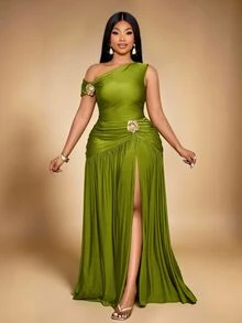 KIORVELLA Plus Asymmetrical Neck Top & Split Thigh Skirt - Green - View 2