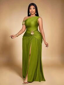 KIORVELLA Plus Asymmetrical Neck Top & Split Thigh Skirt - Green - View 5