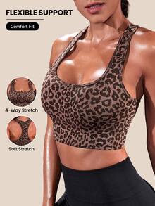 Rhythm Era 1pc Women's Seamless Plus Size Leopard Print Scoop Neck Racerback Medium Support Running Fitness Outdoor Street Casual Training Yoga Sports Bra - Coffee Brown - View 3