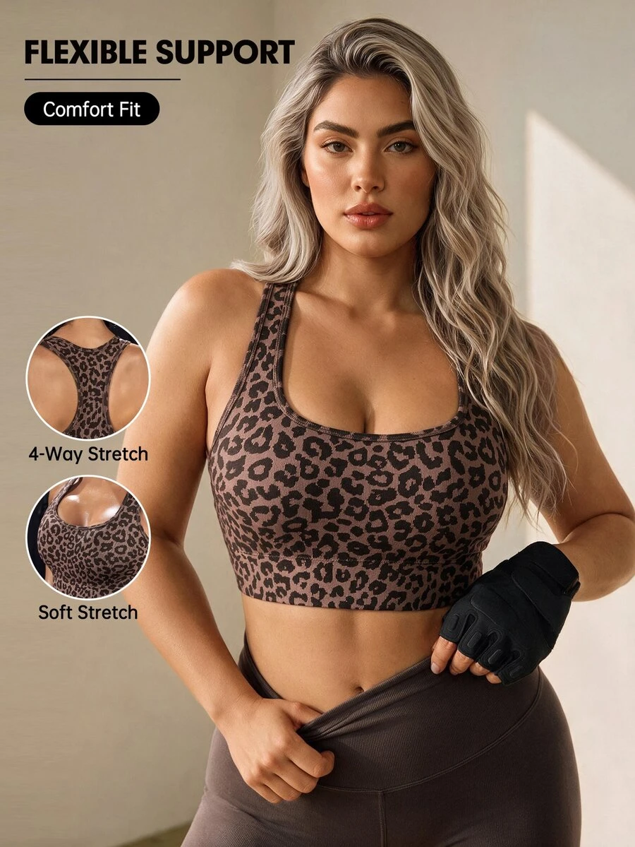 Rhythm Era 1pc Women's Seamless Plus Size Leopard Print Scoop Neck Racerback Medium Support Running Fitness Outdoor Street Casual Training Yoga Sports Bra - Coffee Brown - View 1