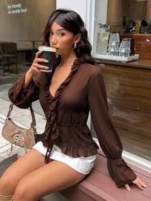 Aloruh Women's Solid Color Deep V-Neck Ruffle Trim Casual Versatile Daily Wear Blouse - Brown - View 10